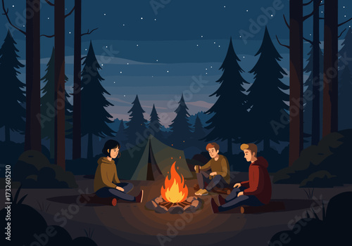 Cozy campfire gathering forest digital nighttime ground level friendship and adventure