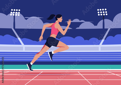 Running athlete competing in stadium race sports event nighttime dynamic viewpoint competitive spirit