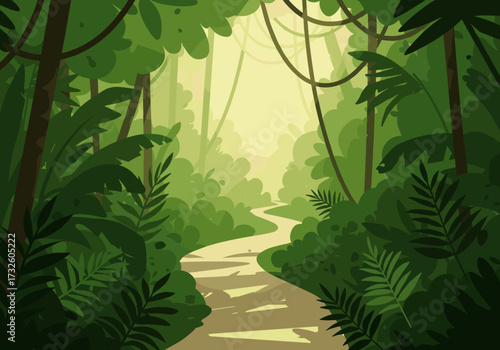 Exploring a serene jungle path lush green forest digital tranquil environment aerial view nature adventure