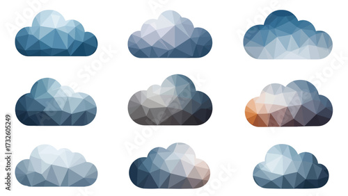 A collection of nine cloud icons with a modern low-poly, triangular pattern design.