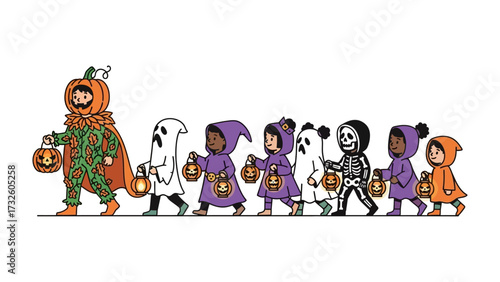 Halloween Parade: A procession of children in charming Halloween costumes, each holding a glowing lantern, creates a heartwarming scene of autumnal fun.&#x20;