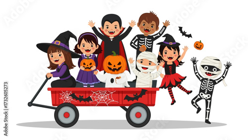 Halloween Wagon of Delights: A charming depiction of children costumed in festive attire, piled into a playful wagon adorned with thematic decorations, set against a spirited Halloween scene.