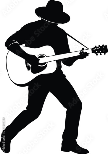 Silhouette of Guitar Player with Hat Performing Music in Dynamic Pose – Acoustic Instrument, Artistic Expression, Stage Energy, Vector Illustration