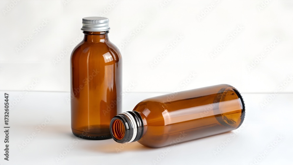Fototapeta premium Two amber glass bottles with metal caps on white glass container