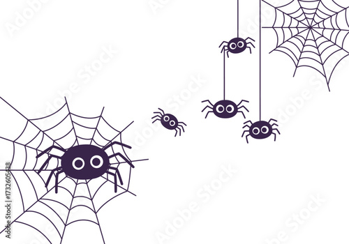 Cute Cartoon Purple Spiders and Black Spiderwebs Halloween Illustration