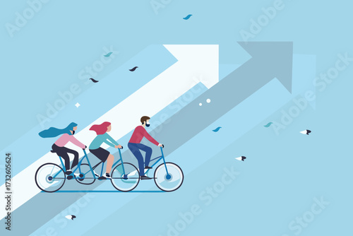 Team of three people riding a tandem bicycle together moving upwards on a stylized arrow representing progress and growth
