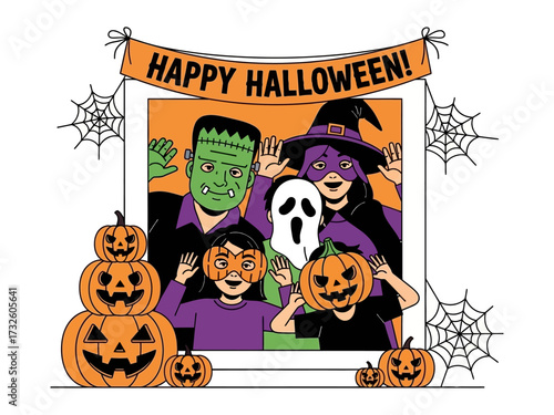 Happy Halloween Family: A joyful family revels in the Halloween spirit, surrounded by iconic symbols of the season, expressing the playful and spooky essence of this festive occasion.