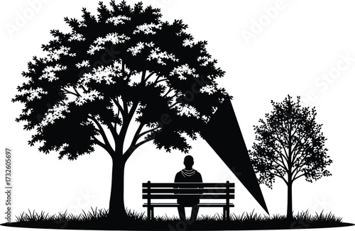 Silhouette of person sitting under tree, symbolizing solitude, reflection, nature, emotional depth, perspective, peace, and quiet outdoor moment