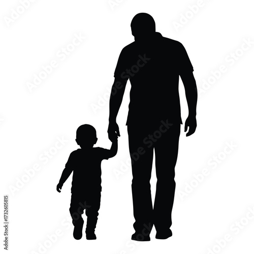 Silhouette of father holding hand of young child walking together in family connection silhouette