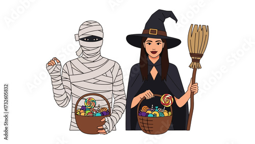 Spooky Season Celebration: Halloween-themed illustration featuring a witch holding basket and mummy carrying another, evokes the spirit of fun and festive. 