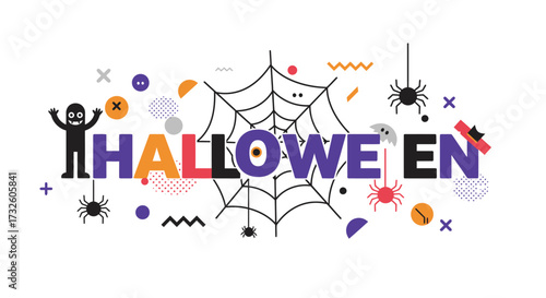 Vibrant Halloween Celebration Banner with Cartoon Ghost, Spiders, Spiderweb, and Geometric Shapes