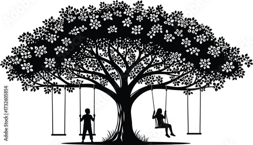 Silhouette of tree with swings and children, symbolizing nature, nostalgia, playfulness, serenity, leisure, emotional depth, and outdoor storytelling