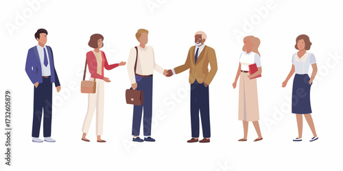 Diverse group of business professionals in formal attire standing together and interacting on a white background