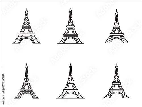 Eiffel Tower line art icons of famous French landmarks design elements
