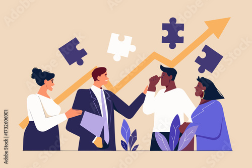 Diverse business team collaborating and achieving success with puzzle pieces and upward trending graph