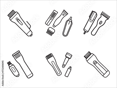Outline illustration of electric hair clippers and accessories in minimalistic style