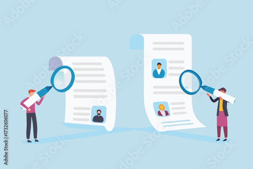 Two people examining resumes with magnifying glasses in a hiring or recruitment process