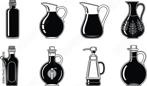 Silhouette set of decorative bottles and pitchers for oil, vinegar, condiments, kitchen design, culinary use, and liquid container comparison