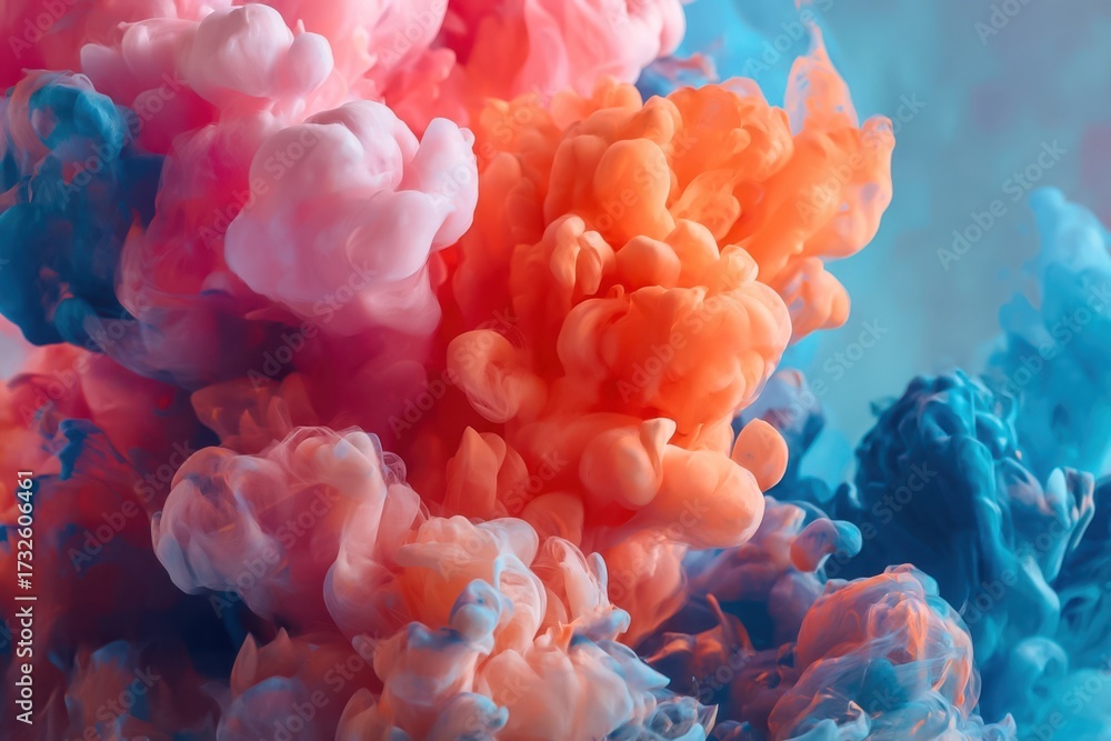 Fototapeta premium Abstract Ink Cloud Bursting with Vivid Colors of Orange Pink and Blue Creating a Dreamlike Underwater Scene