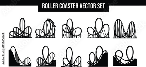 Silhouette set of roller coaster designs with loops, drops, and tracks, symbolizing thrill, amusement, excitement, entertainment, and ride variety