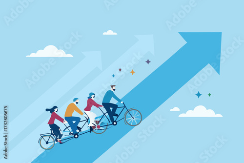 Teamwork and collaboration on a tandem bicycle ascending a bright blue upward trending arrow