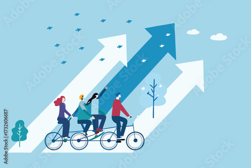 Teamwork and shared success on a tandem bicycle moving upwards on growth arrows