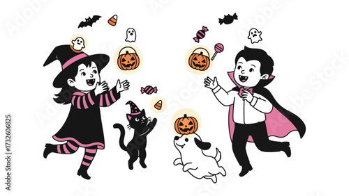 Halloween Fun: Charming illustration of kids dressed in playful costumes, reveling in the festive spirit, surrounded by iconic Halloween symbols and treats.