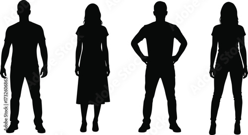 Silhouettes of four people in varied outfits and postures, symbolizing gender diversity, body shape, fashion, identity, and character design