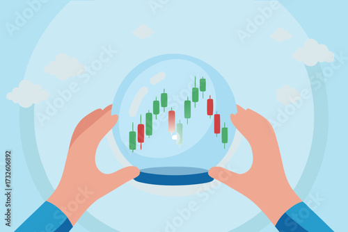 Hands holding a crystal ball revealing a stock market candlestick chart with upward and downward trends