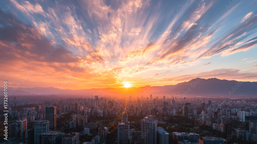 Fototapeta premium Sunset over a sprawling city skyline with mountains in the distance
