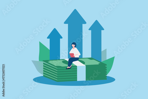 Woman sitting on stack of money with upward trending arrows symbolizing financial growth and success