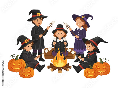 Enchanting Halloween Gathering: A whimsical scene of children gathered around a campfire, dressed in festive costumes, each adding their touch of Halloween magic.