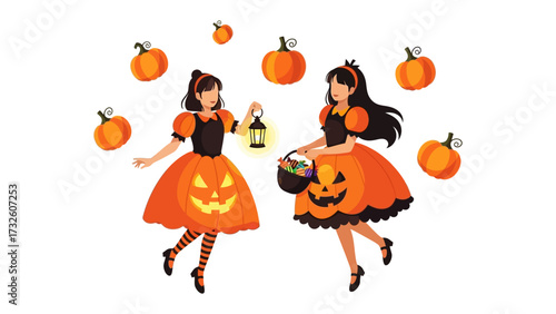 Whimsical Halloween: Two girls in festive pumpkin costumes dance and play amongst floating pumpkins and festive decorations.