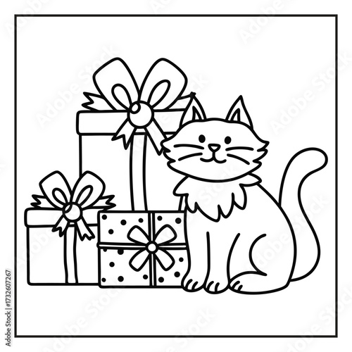Christmas coloring page with festive holiday elements, Holiday season coloring page with Santa, gifts, and snowflakes, Black and white Christmas illustration with winter decorations