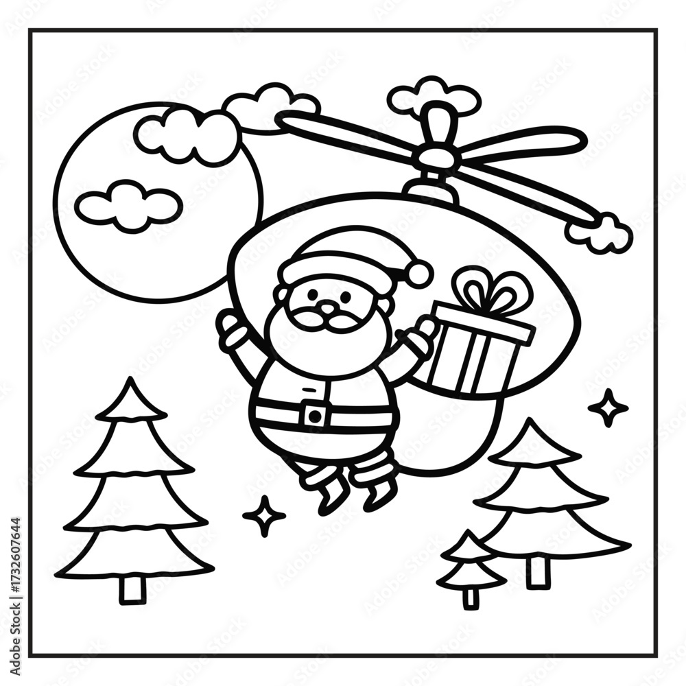 Fototapeta premium Christmas coloring page with festive holiday elements, Holiday season coloring page with Santa, gifts, and snowflakes, Black and white Christmas illustration with winter decorations
