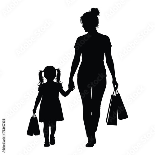 Silhouette of a mother and daughter holding hands with shopping bags depicting family shopping trips silhouette