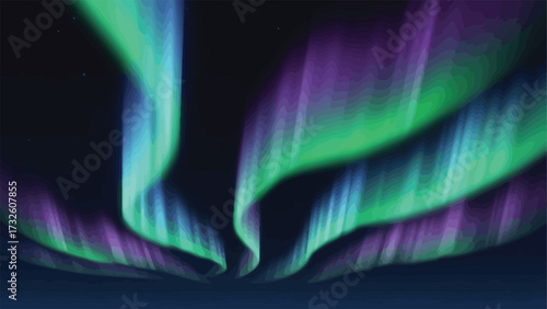 Vibrant green and purple curtains of the aurora borealis light up the dark night sky in a spectacular celestial display.