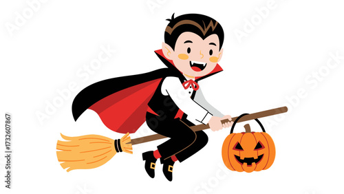 Little Vampire's Halloween Flight: A cheerful little vampire, complete with cape and costume, joyfully soars through the night sky on his broom, his pumpkin in tow.
