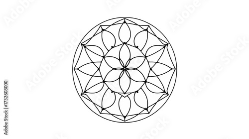 Intricate black and white geometric mandala design, symmetrical and detailed.