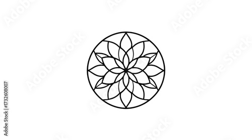 A symmetrical, black and white floral design, enclosed within a circular frame, centered on a white background.