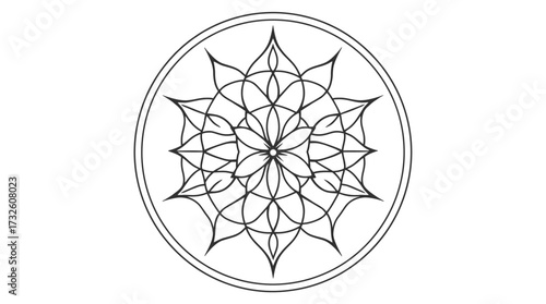 Intricate circular mandala design featuring symmetrical floral and geometric patterns, enclosed within a double-lined circle.