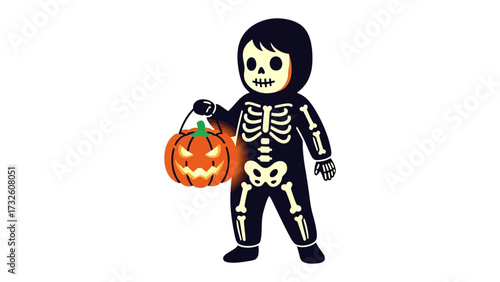 Halloween Costume with Pumpkin: A child, dressed in a spooky skeleton costume, clutches a carved pumpkin, symbolizing the festive joy of Halloween, creating a whimsical scene.