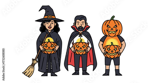 Halloween Trio: A whimsical illustration features a witch, a vampire, and a jack-o'-lantern figure each clutching a carved pumpkin, ready for a night of trick-or-treating and spooky fun.