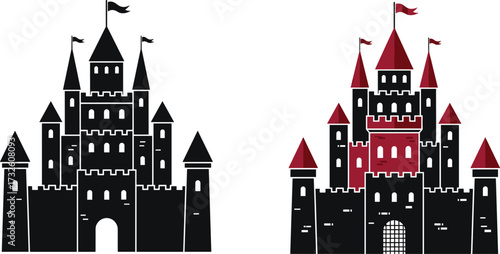 Stylized silhouette of twin castles with towers, flags, and gates, symbolizing architecture, fantasy, symmetry, medieval design, and visual comparison
