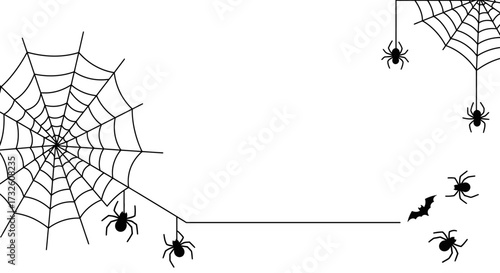 Black and White Halloween Frame with Spider Webs, Creepy Spiders, and Bat Silhouette Illustration