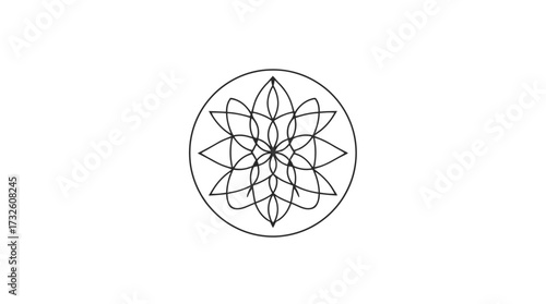 A symmetrical floral design composed of interconnected lines, centered on a white background.