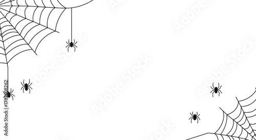 Spooky Halloween Spider Web and Spiders on White Background with Copy Space
