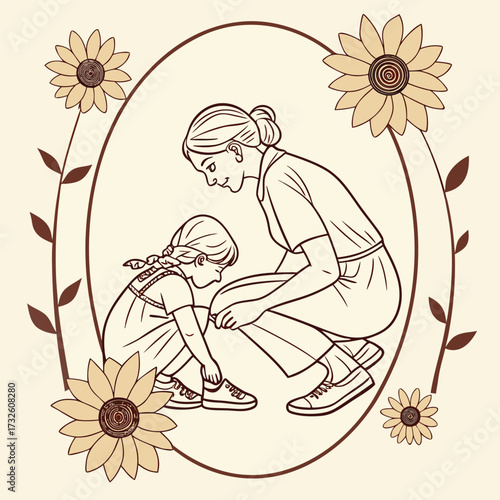 Mother helps daughter tie shoelace