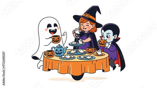 Halloween Festive Tea Party: A delightful illustration captures a whimsical Halloween tea party, with a friendly ghost, a playful witch, and a charming vampire gathered around a festive table.