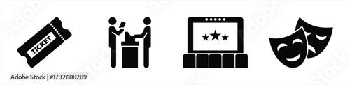 Theater and Entertainment Icon Set – Ticket, Audience, Cinema Screen, and Drama Masks in Black Silhouette Style